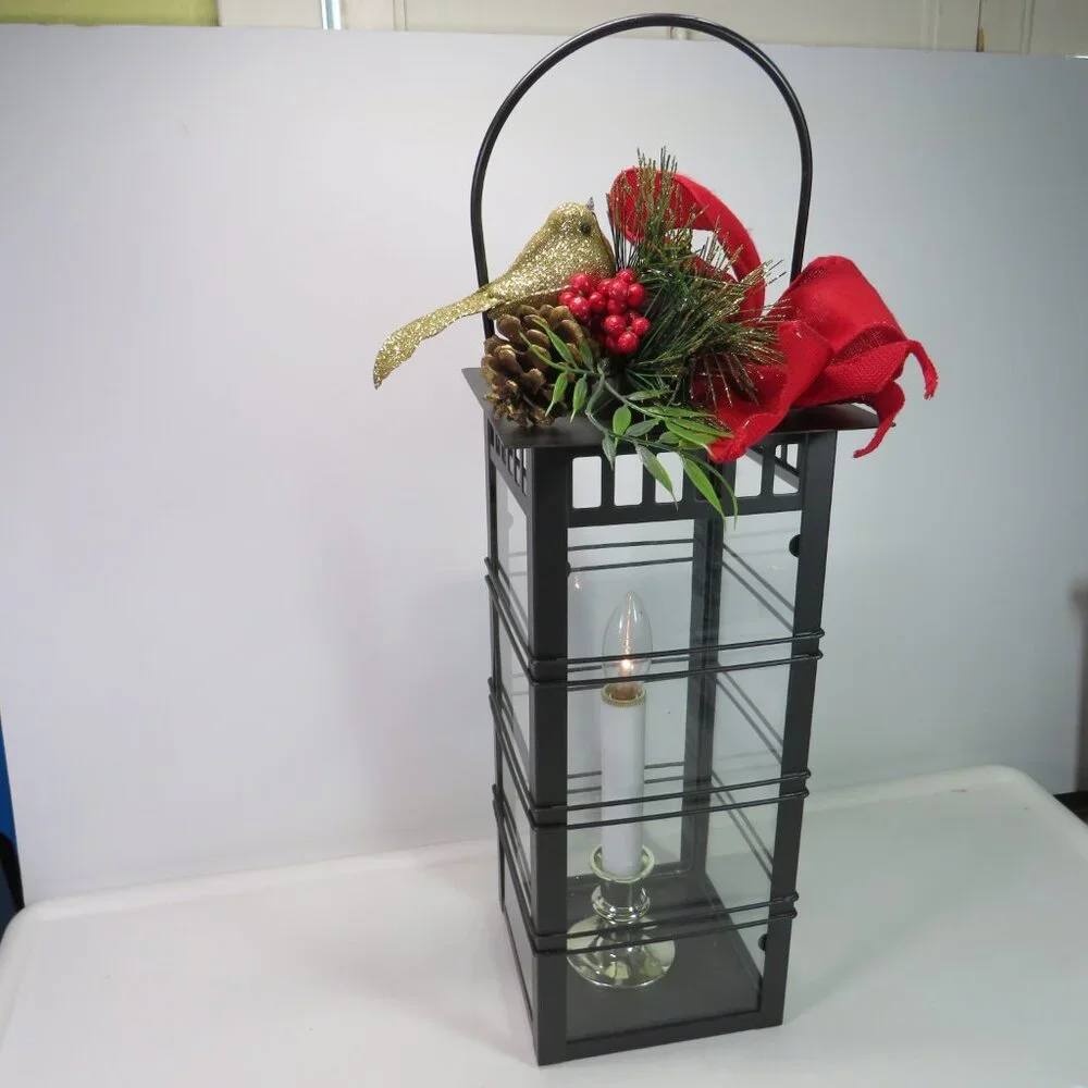 glass metal lantern 18 in tall with battery operated candle, bow and bird